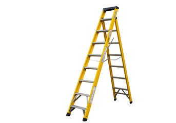 Isolated yellow A-frame fiberglass ladder on neutral background for construction use  indoors © Lena