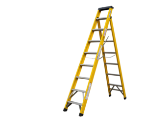 Isolated yellow A-frame fiberglass ladder on neutral background for construction use; indoors