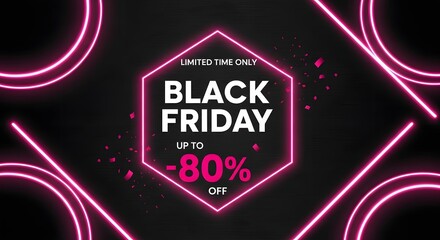 Black friday sale advertisement with neon pink geometric shapes and text announcing up to 80 off, creating a sense of urgency and excitement for holiday shopping deals