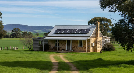 Obraz premium Charming rural cottage with solar panels, nestled in a lush green landscape, evoking peace and sustainability with a scenic backdrop.