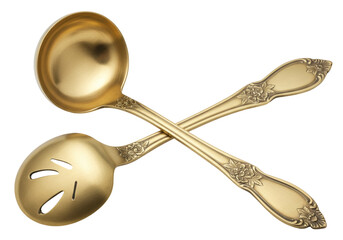 Isolated Gold Cutlery Set Still Life with Serving Spoon and Ladle for Food Presentation