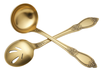 Isolated Gold Cutlery Set Still Life with Serving Spoon and Ladle for Food Presentation