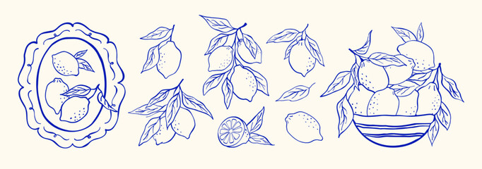 Lemons with leaves doodle illustrations. Hand drawn vintage vector graphic. Modern summer floral print for posters and cards.