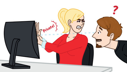 Neugieriger Mitarbeiter schaut heimlich auf den Bildschirm eines Kollegen Vektorillustration zu fehlender Privatsphäre und Respekt am Arbeitsplatz
