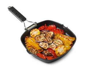 Tasty grilled vegetables in pan isolated on white