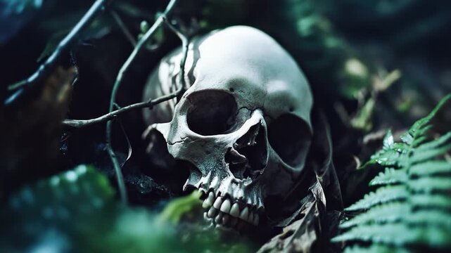 A skull found in the middle of a forest with trees and foliage surrounding it