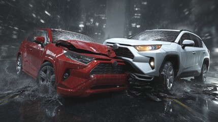 Naklejka premium Severe Frontal Car Crash Between Red Sedan and White SUV – Wet City Street Accident Scene