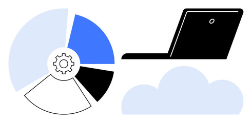 Laptop, segmented pie chart with gear, and cloud emphasize technology, cloud computing, data analysis, and digital tools. Ideal for IT, innovation cloud analytics workflow and system. Simple flat