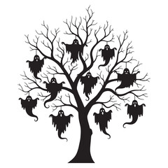 Spooky halloween tree silhouette adorned with numerous hanging ghost figures against a white background