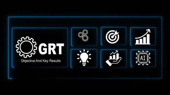 G R T Objective And Key Results Icons Business Strategy Growth A I Technology Success Planning Performance Metrics Innovation Goals Achievement Workflow Management Data Analysis