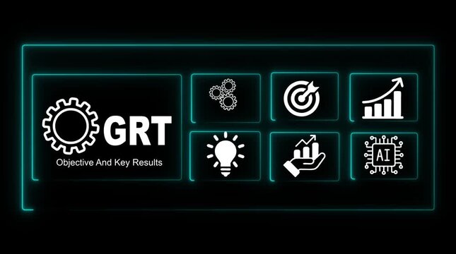 G R T Objective Key Results Icons Gear Lightbulb Target Growth A I Chip Hand Chart Progress Business Strategy Planning Success Metrics Digital Innovation Corporate Goals Performance Management