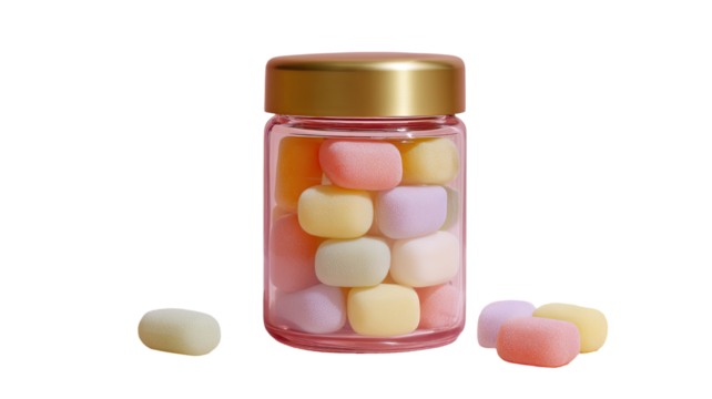 Pastel jar of multivitamin gummies colorful dietary supplement for health and wellness daily vitamins isolated on white background