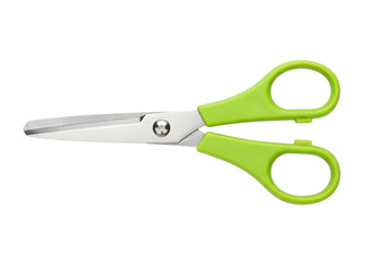 Isolated crafting scissors with green handles for scrapbooking, hobbies, and paper crafts projects