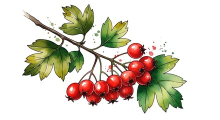 Hawthorn Berries Branch Vector Watercolor Fruit Green Leaves Illustration Isolated Design