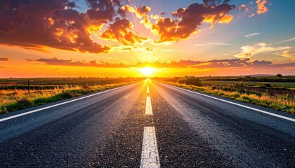 Vast Open Road Stretching Towards a Fiery Sunset With Dramatic Clouds and Golden Light Illuminating the Horizon Over a Rural Landscape