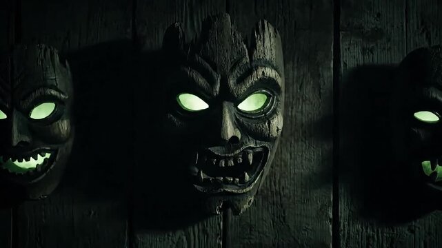 Spooky tiki masks glow ominously in the dark, creating a chilling Halloween vibe, perfect for thrilling horror-themed projects and eerie seasonal designs