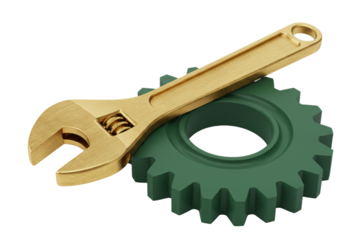 Isolated adjustable wrench atop a cogwheel, representing mechanical work and engineering