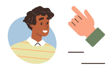 Smiling person in casual attire, hand pointing upward with simple text lines. Ideal for communication, guidance, interaction, positivity, teamwork, education digital interface. Simple flat metaphor