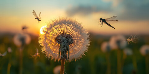 Close up of a dandelion flower with seeds blowing in the wind during golden hour, with a dragonfly flying nearby