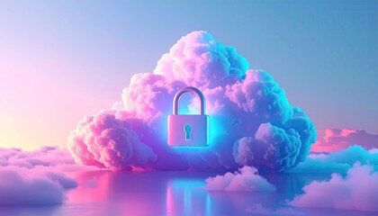 Pastel Cloud Security:  Cybersecurity Concept with Padlock in Pink and Blue Cloudscape