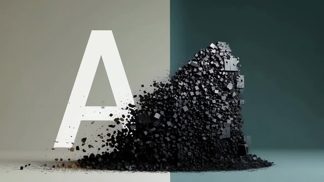 Abstract 3D animation of black cubes disintegrating next to "AI" text symbolizing the collapse of the AI bubble.