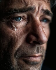 Obraz premium Close-up on mature man with tear, reflecting sadness and introspection.