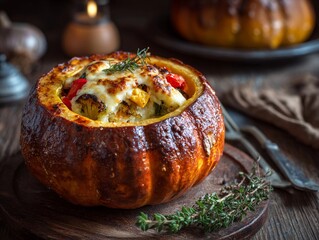 Autumn menu : Baked stuffed pumpkin with vegetables and cheese,  focus, rustic table, warm tones, close-up