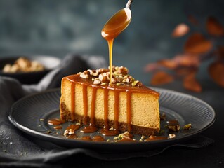 Autumn menu : Pumpkin cheesecake with caramel drizzle and nuts, shallow focus