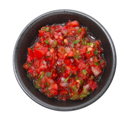 Tasty salsa sauce in bowl isolated on white, top view