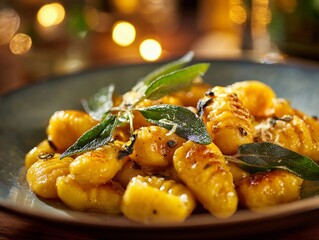 Autumn menu : Pumpkin gnocchi with sage butter sauce,  bokeh background, creamy texture, close-up