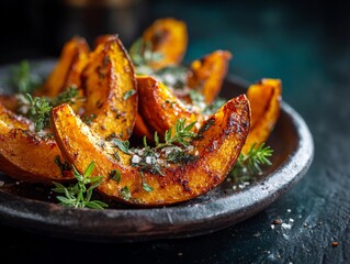 Autumn menu : Spicy roasted pumpkin wedges with herbs and sea salt, served on rustic plate