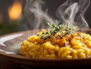 Autumn menu : Golden pumpkin risotto with parmesan and thyme, steam rising, soft focus