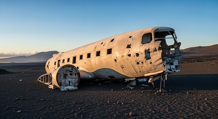 Abandoned Aircraft Wreck, Deserted Landscape, Iceland, Photograph, Evening, Wide Angle, Environmental Impact