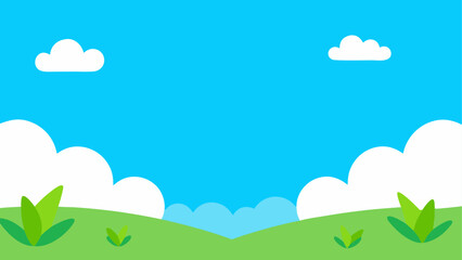 Fototapeta premium Bright blue sky with fluffy white clouds and green hills