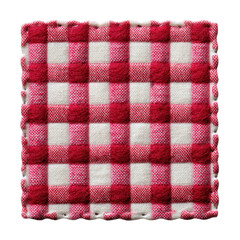 Classic red and white gingham fabric square with woven texture and scalloped edge
