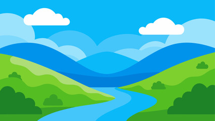 Obraz premium Stylized landscape with rolling green hills and a winding blue river under a clear sky with clouds