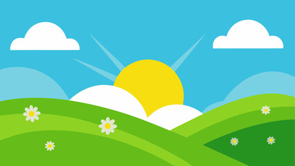 Fototapeta premium Bright sunny day over rolling green hills with daisies