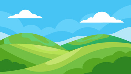 Obraz premium Stylized rolling green hills under a bright blue sky with fluffy clouds