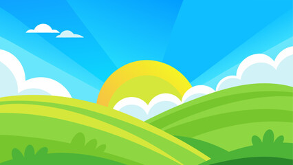 Fototapeta premium Bright sunny day over rolling green hills with fluffy clouds