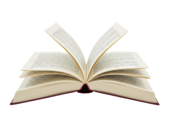 Isolated open book reveals inner pages of written word, knowledge, and literary culture