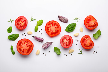 Ripe red tomatoes, spices and herbs on white background, flat lay
