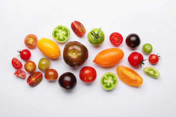 Ripe colorful tomatoes on white background, flat lay