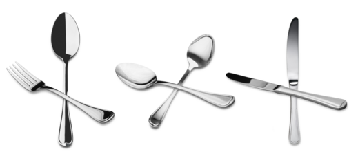 studio photograph of three distinct pairs of shiny silver metal cutlery, including forks, spoons, and a knife, arranged in crossed configurations against a dark backdrop.