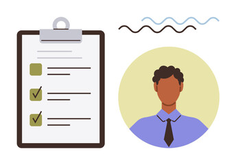 Clipboard with completed checklist and professional figure in shirt and tie. Ideal for organization, productivity, task management, human resources, career planning, evaluation, simple flat metaphor