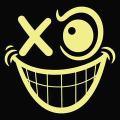Grinning Mad Face Light Yellow Comic Cartoon Expression with Twisted Humor and Crazy Eyes on Black Background Graphic