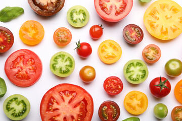 Ripe colorful tomatoes on white background, flat lay