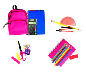 overhead photograph of a diverse and colorful collection of essential school and office supplies, including a backpack, notebooks, and geometry tools, isolated on black.