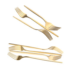 luxury golden forks silverware set, isolated against a reflective dark black studio background. modern elegant dining cutlery photograph.