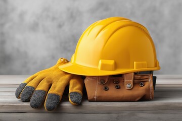 Construction safety gear yellow hard hat gloves and tool belt on wooden surface
