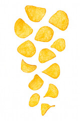 Golden potato chips falling isolated on white background crispy fried snack food photography creative motion concept